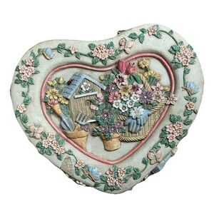 Vintage Heart Shaped Floral Jewelry Trinket Box w/ Mirror Cottagecore